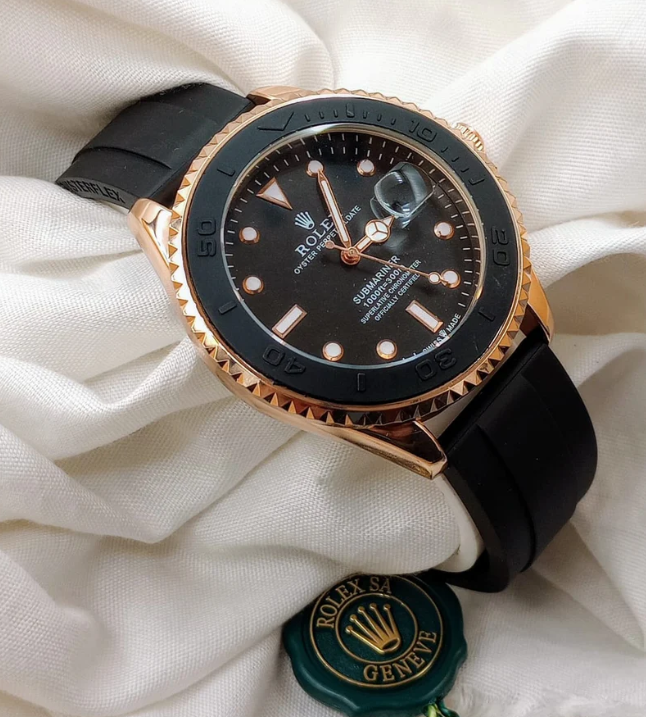 Rolex Yacht-Master Men’s Watch – Luxury Gold & Black Dial with Silicone Strap, Automatic Chronograph